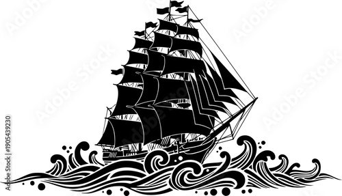 Old Nautical Sailing Ship Ocean Vector Illustration