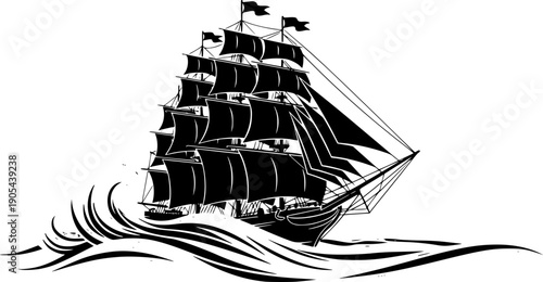 Old Nautical Sailing Ship Ocean Vector Illustration