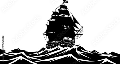 Old Nautical Sailing Ship Ocean Vector Illustration