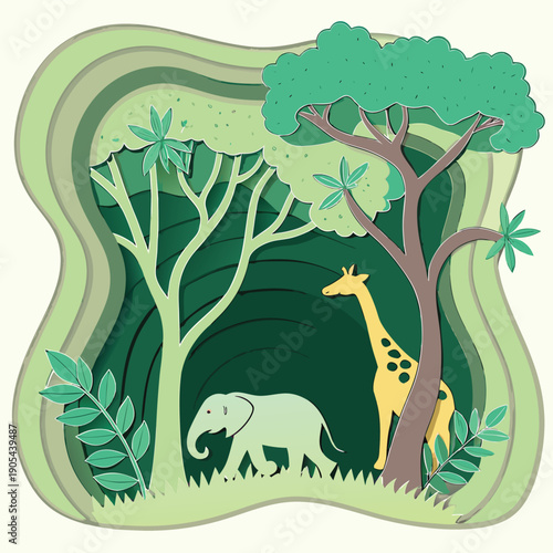 Illustration of an elephant and giraffe in a layered paper cut style forest with green foliage and trees