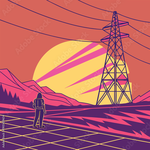 A person stands in a retro landscape with mountains, power lines, and a sunset in a stylized scene