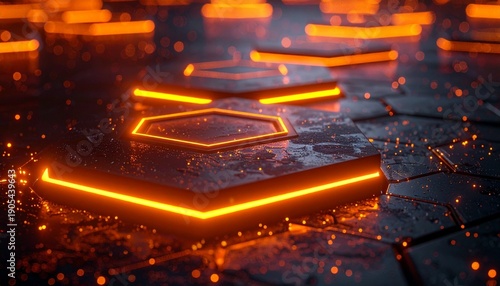 Futuristic digital illustration of hexagonal platforms arranged on dark reflective surface, each outlined with glowing orange light, central hexagon in sharp focus while others fade into background
