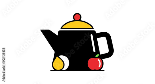 Illustrated teapot with apple and water drop