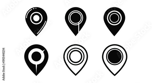 Set of six black location pin icons.
