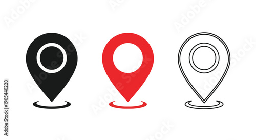 Set of three location pin icons in black red and outline styles.