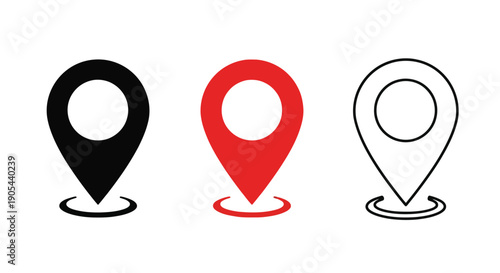 Set of three location pin icons in black red and outline.