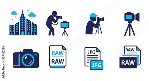 Photography Icons Set Featuring Cameras and Cityscape.