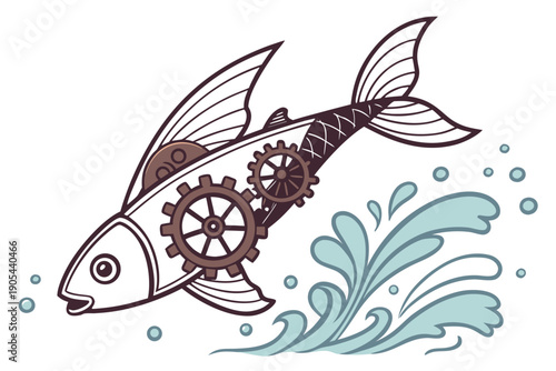 Illustration of a steampunk fish jumping out of the water with gears and mechanical components visible