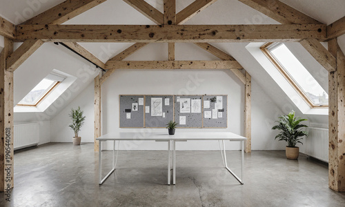 Attic office studio minimalist workspace with wooden beams and white desk in bright airy room with copy space for text