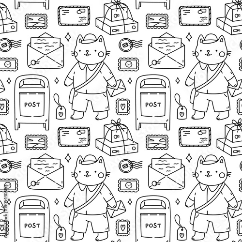 Cute seamless pattern with a postman cat, letters, packages, post boxes, stamps. Vector hand-drawn doodle illustration. Perfect for print, wallpaper, decorations, wrapping paper. Mail delivery design.