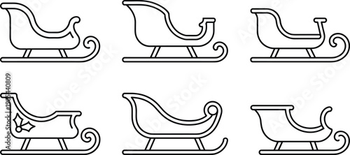 Santa sleigh outline icon set Christmas winter holiday sled symbols flat line vector illustration collection