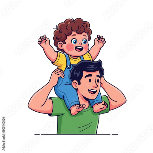 Toddler riding on parent’s shoulders outside. Joyful Father Carrying Happy Toddler Child on Shoulders, Family Fun, Parenthood, Love, Childhood Happiness