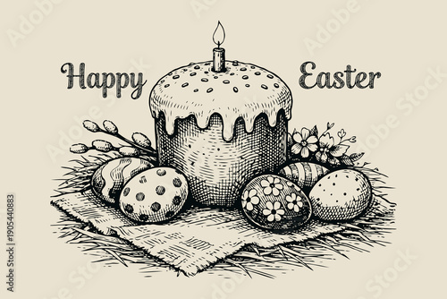 Hand-drawn Easter cake with candle, colorful eggs, and flowers in vintage sketch style on beige background, concept of holiday celebration