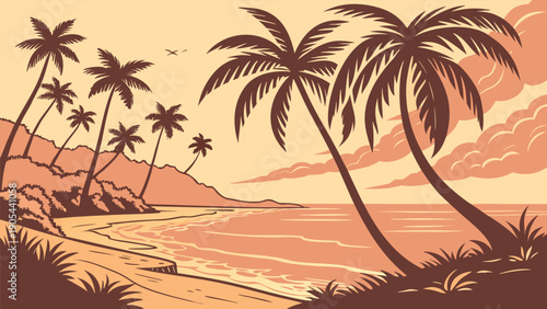 Illustration of a tropical beach with palm trees ocean and clouds in a warm color palette style scene