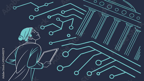 Woman with tablet looking up at circuit board and building columns in digital illustration style art