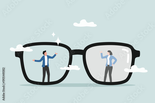Gender bias, sexism inequality in workplace and social, prejudice, stereotyping, or discrimination against women concept, eyeglasses with clear vision on businessman and unclear blurry vision on woman