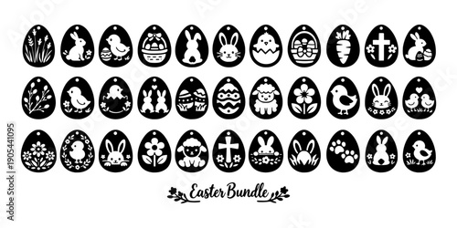 Set of black egg-shaped ornaments featuring Easter icons in silhouette style on white background, symbolizing spring and celebration