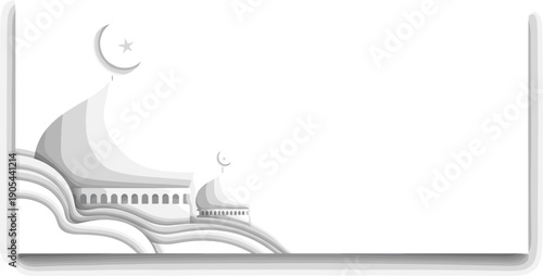 Grayscale mosque illustration, crescent moon and star, layered islamic artwork, ramadan celebration vector, eid festival design, spiritual heritage culture graphic