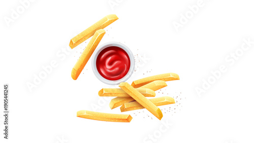 Crispy French Fries and Ketchup Sauce Top View