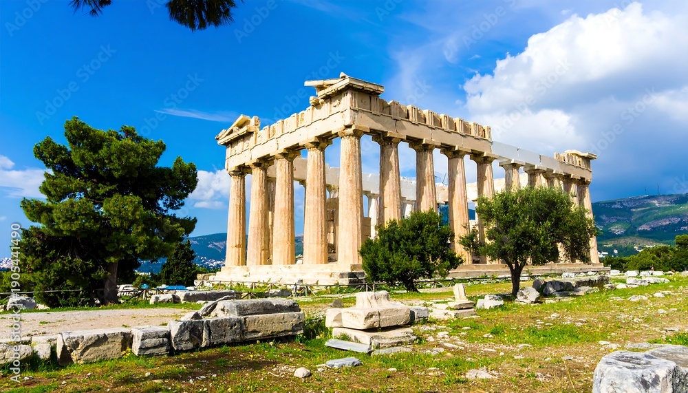 Fototapeta premium A sunlit ancient temple with towering columns and partial roof stands against a blue sky, surrounded by greenery and ruins