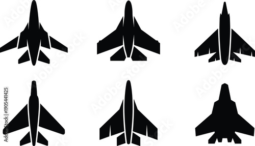 Jet aircraft silhouette icon set, top view military fighter plane vector symbols in bold black minimalist style