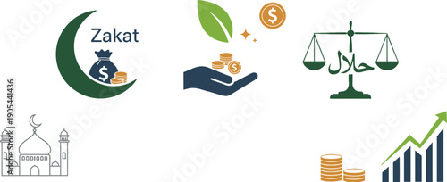 Islamic finance illustration, zakat charity symbol, halal investment artwork, ethical money management design, economic growth vector, religious financial heritage graphic