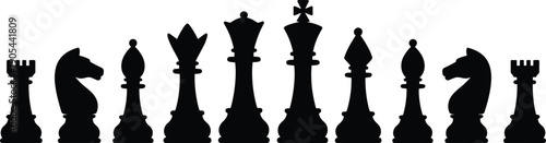Complete chess pieces silhouette lineup including king queen rook bishop knight and pawn classic strategy board game design