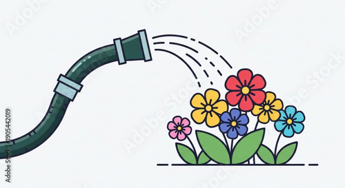 Watering colorful flowers with green hose on white background
