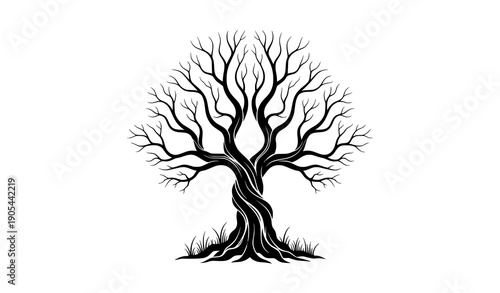 Twisted leafless tree silhouette vector with dramatic trunk and surreal symmetrical branches nature illustration