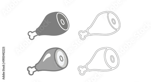 Set of modern chicken leg icons in gray and line art styles