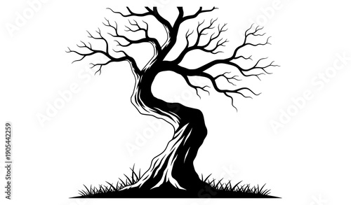 Eerie twisted tree silhouette vector with white bark lines and dramatic bare branches nature artwork