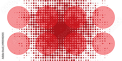 Red concentric ripple circles set. Sonar or sound wave rings collection. Epicentre, target, radar icon concept. Radial signal or vibration elements. Halftone vector illustration