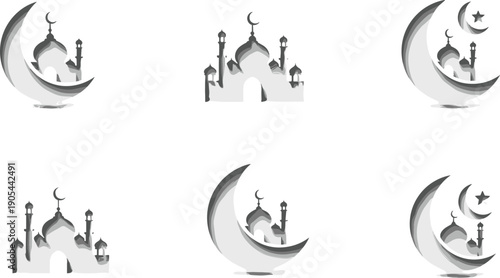 Mosque icon set illustration, crescent moon and star, islamic architecture artwork, ramadan celebration vector, eid festival design, spiritual heritage culture graphic