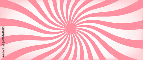 Candy color sunburst background. Abstract pink cream sunbeams design wallpaper. Colorful spinning lines for template, banner, poster, flyer. Sweet rotating cartoon swirl or whirlpool. Vector backdrop