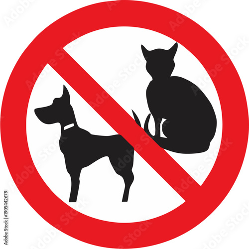 No pets allowed sign featuring silhouettes of a dog and cat crossed out in a red circle representing a prohibition for animals in a restricted area