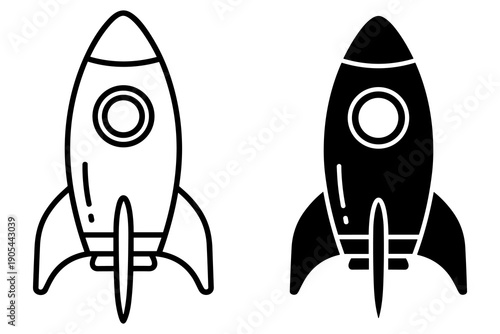 Two Rocket Ships Silhouette Icons: One Outlined, One Solid Black, Space Exploration Concept