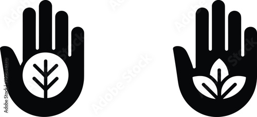 Minimal environmental care hand icons featuring leaf and plant symbols representing sustainability, protection, and eco friendly nature support in black silhouette style