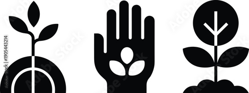 Minimal eco sustainability icons set featuring plant growth, human hand with leaves, and nature care symbols in black silhouette style