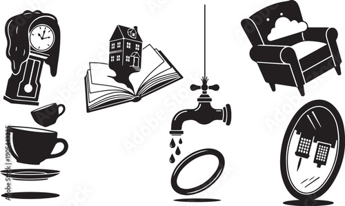 Black and white illustration of various household objects icons