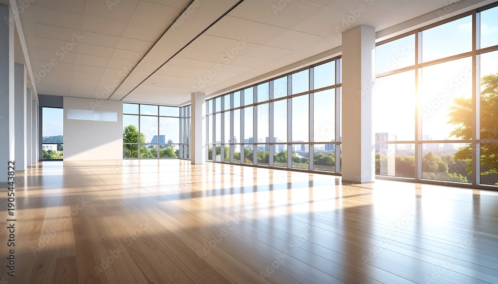 Fototapeta premium A sunlit, open interior space, possibly an office or studio, with large windows, hardwood floors, and a minimalist design