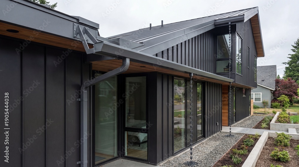 Fototapeta premium Modern black exterior home with sleek metal roofing and large glass sliding doors showcasing contemporary architectural design