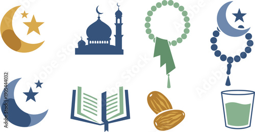 Ramadan icon collection illustration, mosque crescent moon star, lantern and Quran artwork, prayer rug design, fasting dates vector, eid celebration graphic
