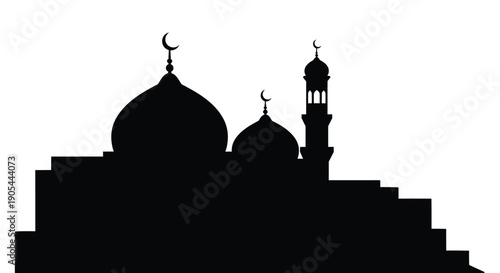 Islamic mosque silhouette with domes and minaret on white background