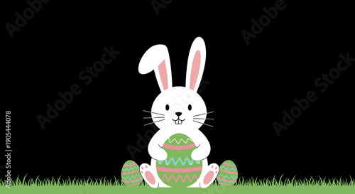 Charming white rabbit clutching a festive Easter egg, surrounded by green grass on a black background. Cute white rabbit holding decorated Easter egg on green grass  