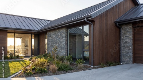 Modern contemporary residential house with spacious garden and sleek exterior design