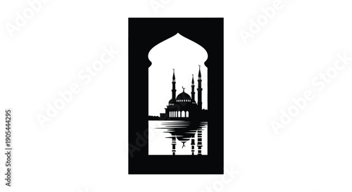 Silhouette of mosque architecture through archway with reflection in water, monochrome style