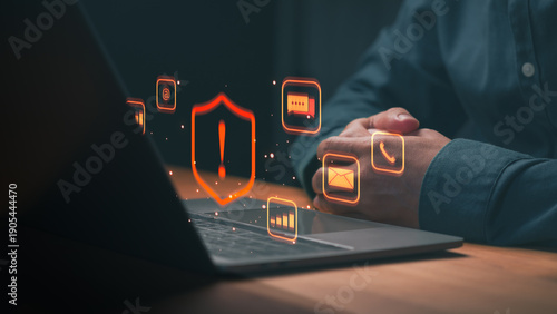 Cybersecurity and data protection on laptop. Privacy technology for internet safety with security alert and firewall icons. Prevent hacker attacks on network information.