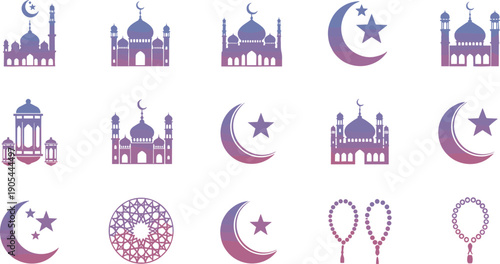 Ramadan icon grid illustration, mosque crescent moon star, lantern and prayer beads artwork, islamic geometric pattern vector, eid celebration culture graphic