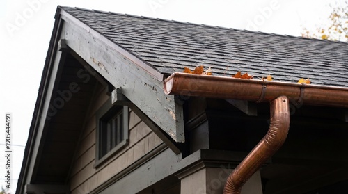 Detailed close-up of house roof with rain gutter and drainage system for winter protection and aesthetic design