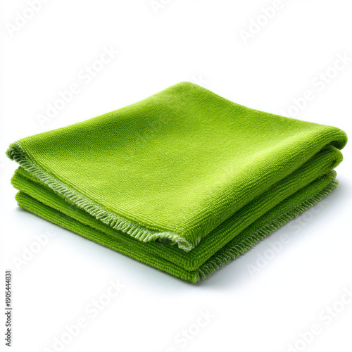 A stack of lime green microfiber cleaning cloths isolated on a white background for household use.